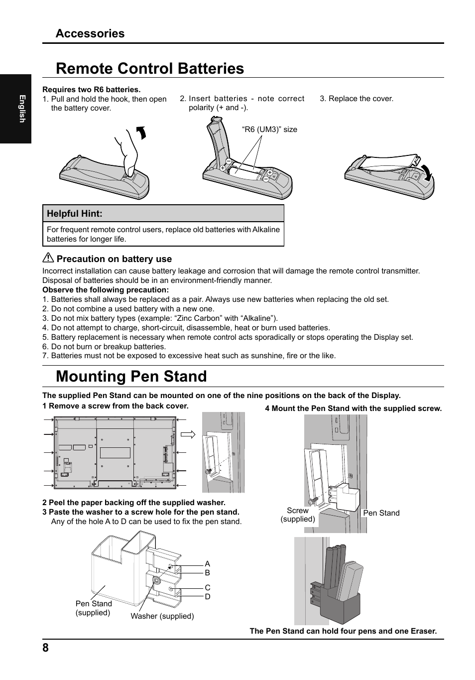 Remote control batteries, Mounting pen stand, Accessories | Panasonic TH80LFB70E User Manual | Page 8 / 32