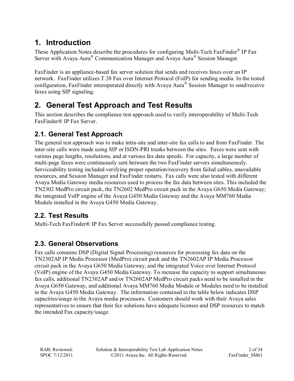 Introduction, General test approach and test results, General test approach | Test results, General observations | Avaya FAXFINDER SM61 User Manual | Page 2 / 34