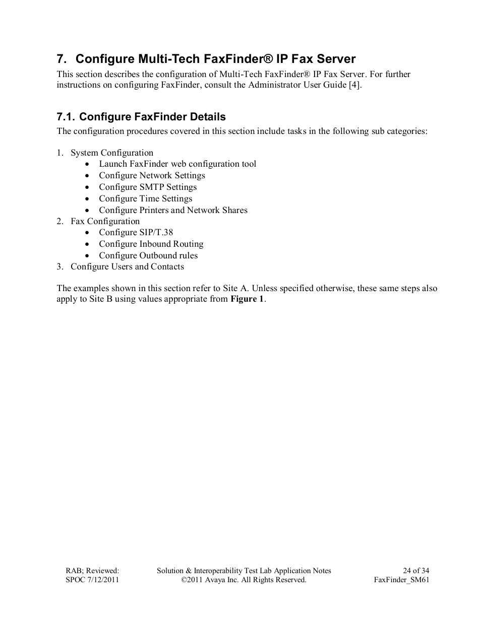 Configure multi-tech faxfinder® ip fax server, Configure faxfinder details | Avaya FAXFINDER SM61 User Manual | Page 24 / 34