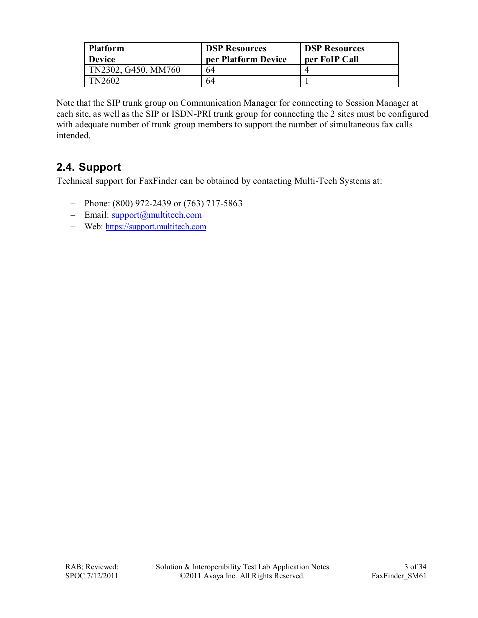 Support | Avaya FAXFINDER SM61 User Manual | Page 3 / 34
