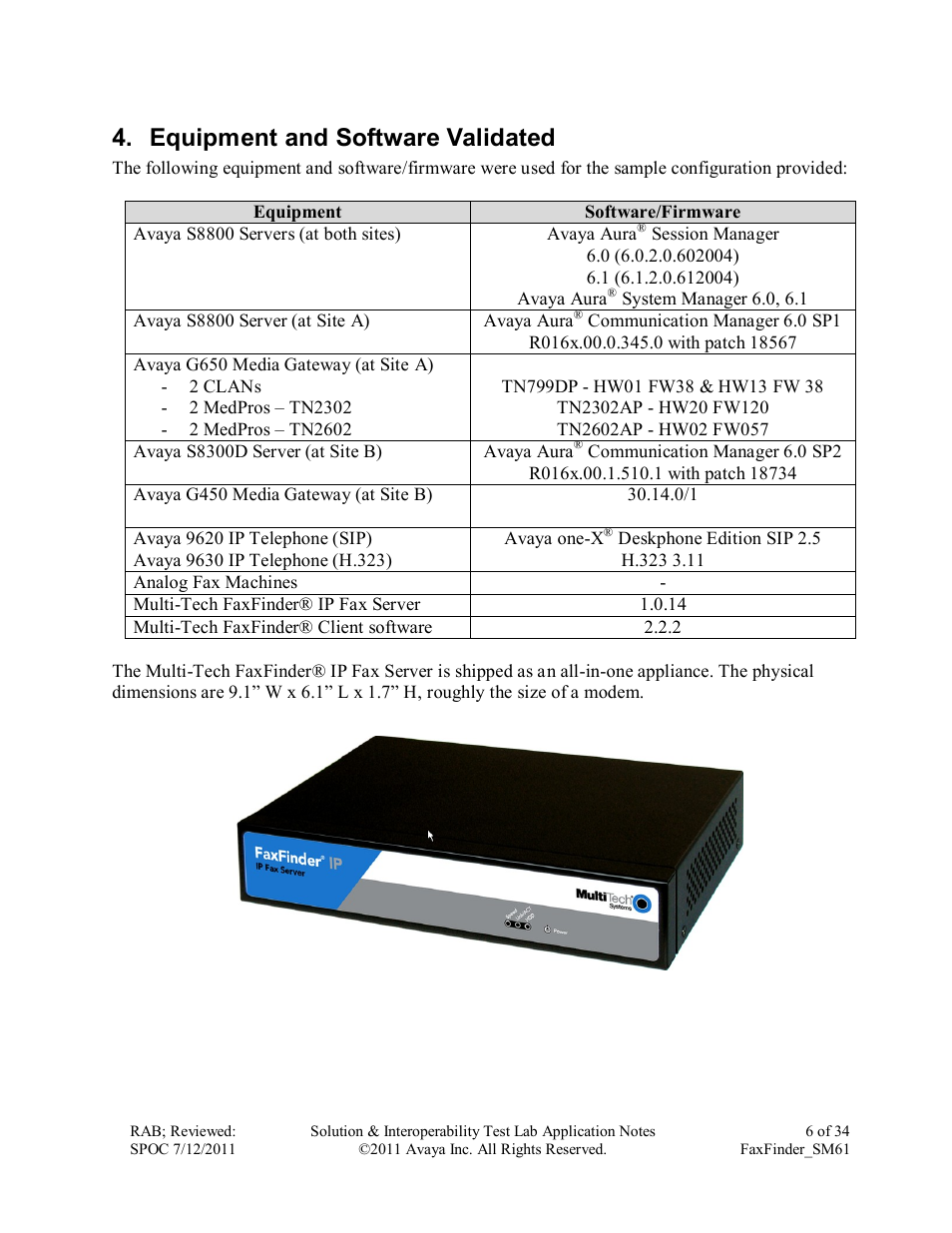 Equipment and software validated | Avaya FAXFINDER SM61 User Manual | Page 6 / 34