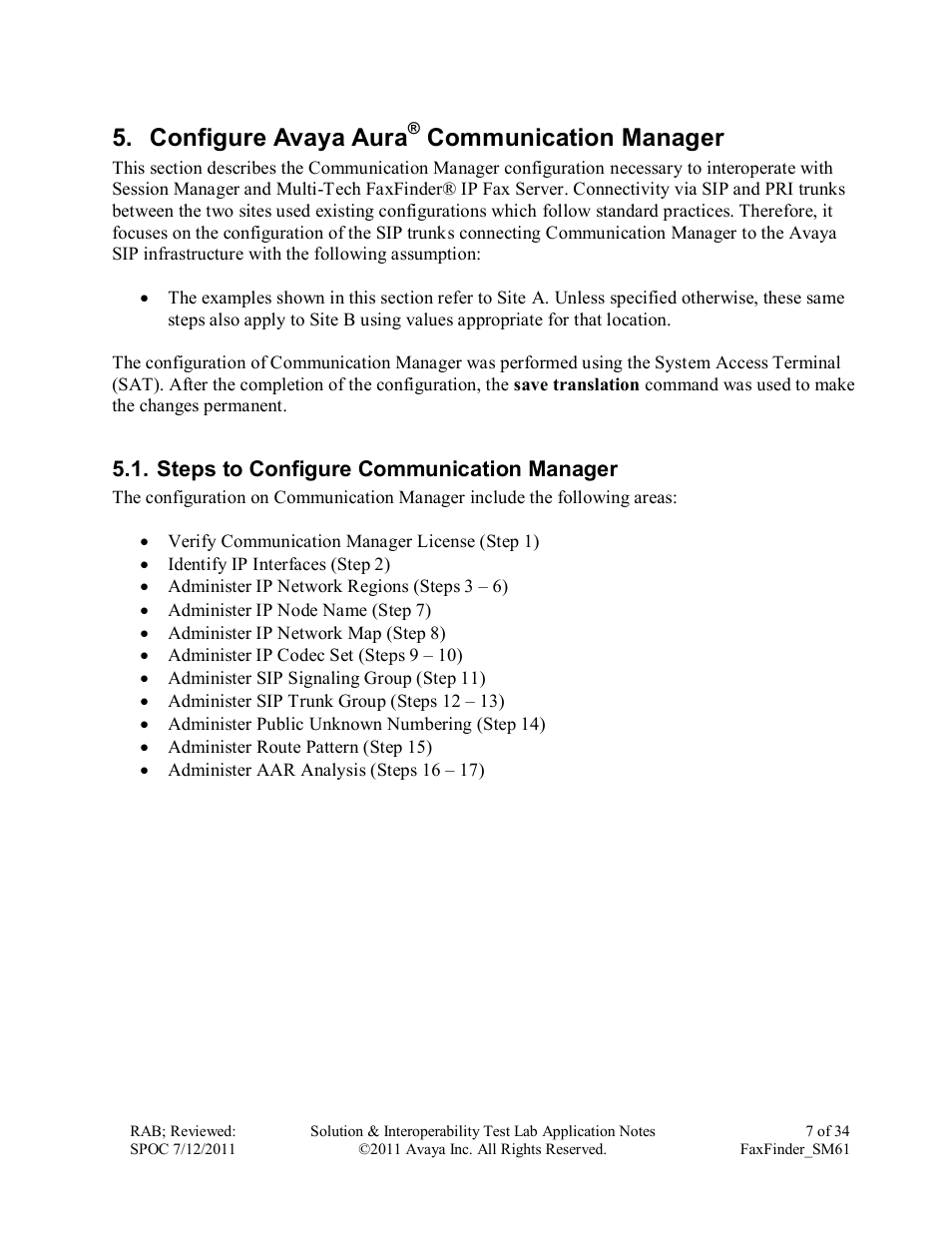 Configure avaya aura, Communication manager | Avaya FAXFINDER SM61 User Manual | Page 7 / 34