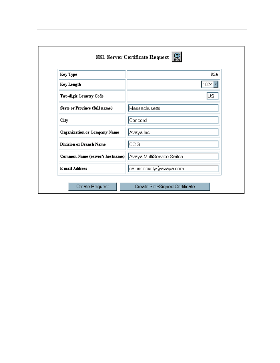 Figure 4-5, Key type —rsa only, Two-digit country code —enter your country code | City —enter the name of your city, Email address —your e-mail address | Avaya 580 User Manual | Page 126 / 782