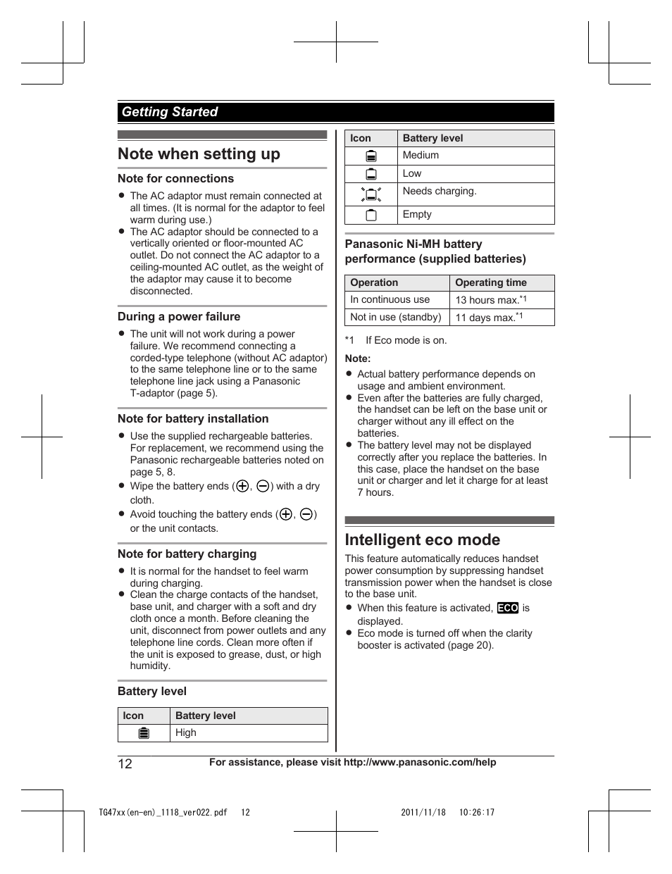 Note when setting up, Intelligent eco mode, Note when setting up intelligent eco mode | Getting started | Panasonic KXTG4753 User Manual | Page 12 / 64