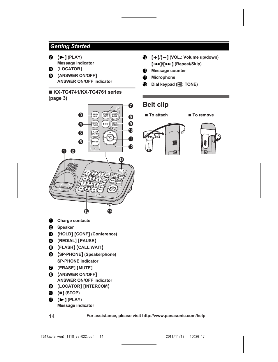 Belt clip | Panasonic KXTG4753 User Manual | Page 14 / 64