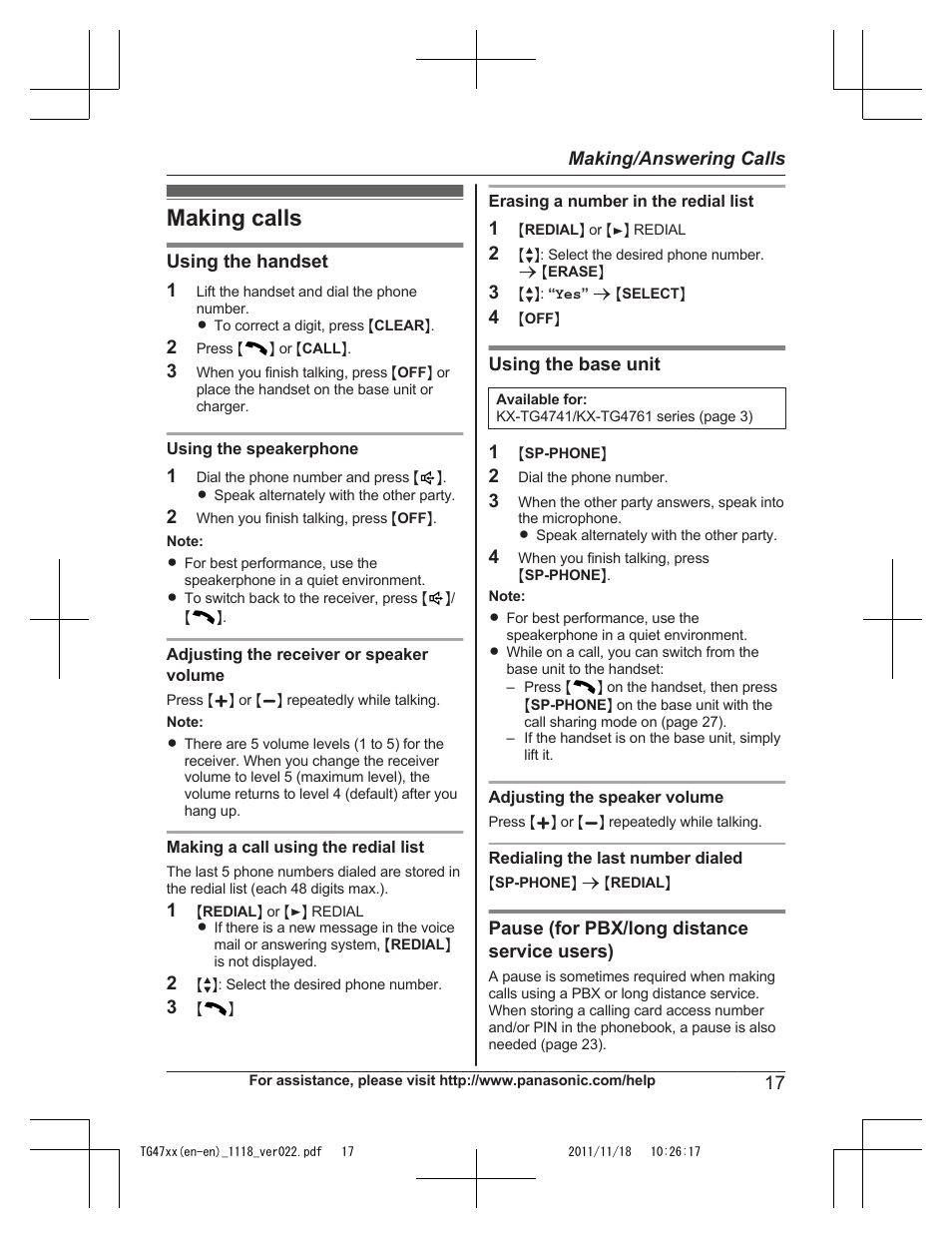 Making/answering calls, Making calls | Panasonic KXTG4753 User Manual | Page 17 / 64