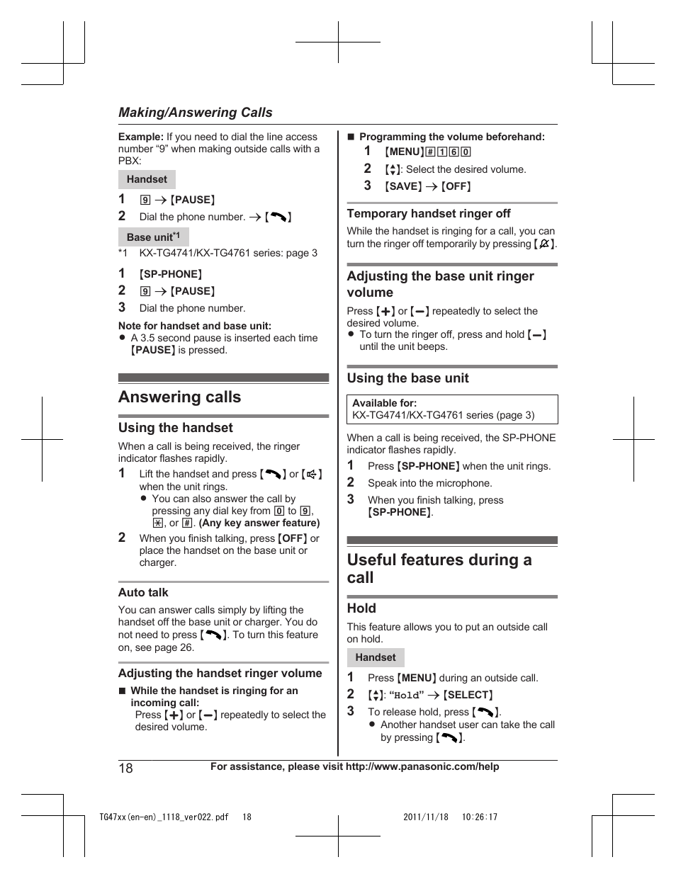 Answering calls, Useful features during a call, Answering calls useful features during a call | Panasonic KXTG4753 User Manual | Page 18 / 64