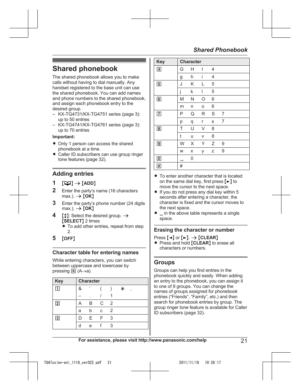 Shared phonebook, Adding entries 1, Groups | 21 shared phonebook | Panasonic KXTG4753 User Manual | Page 21 / 64