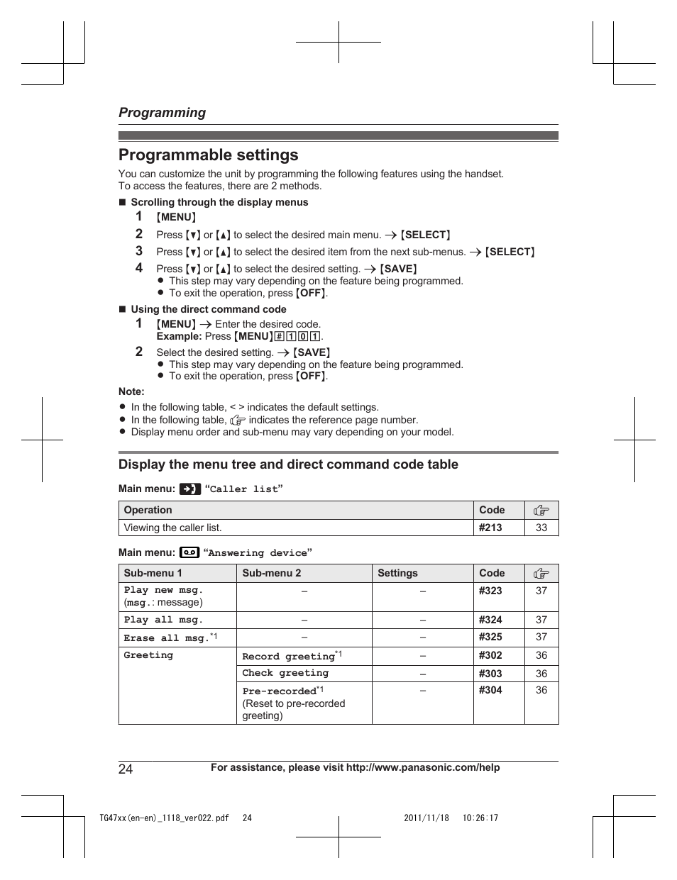 Programming, Programmable settings | Panasonic KXTG4753 User Manual | Page 24 / 64