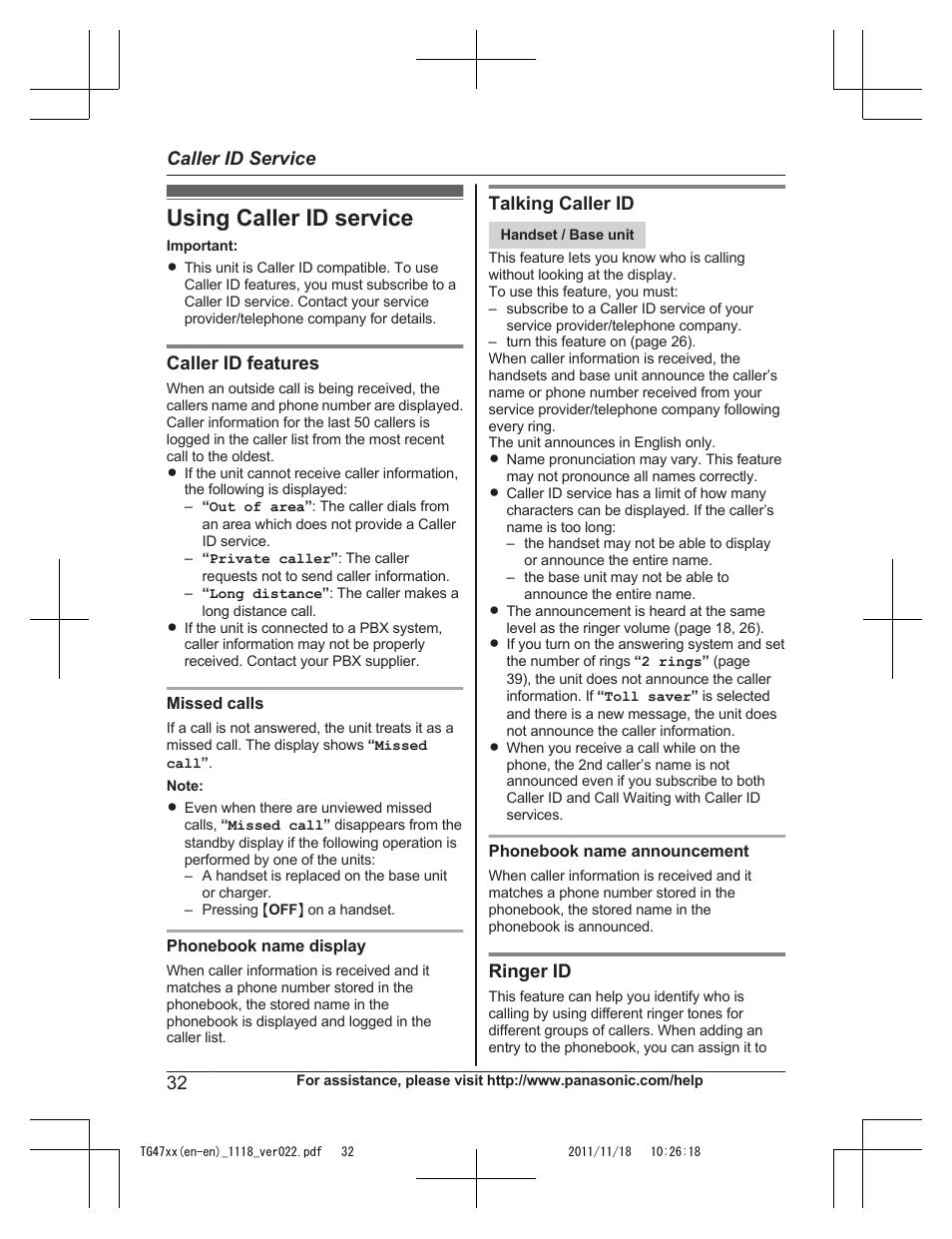 Caller id service, Using caller id service | Panasonic KXTG4753 User Manual | Page 32 / 64