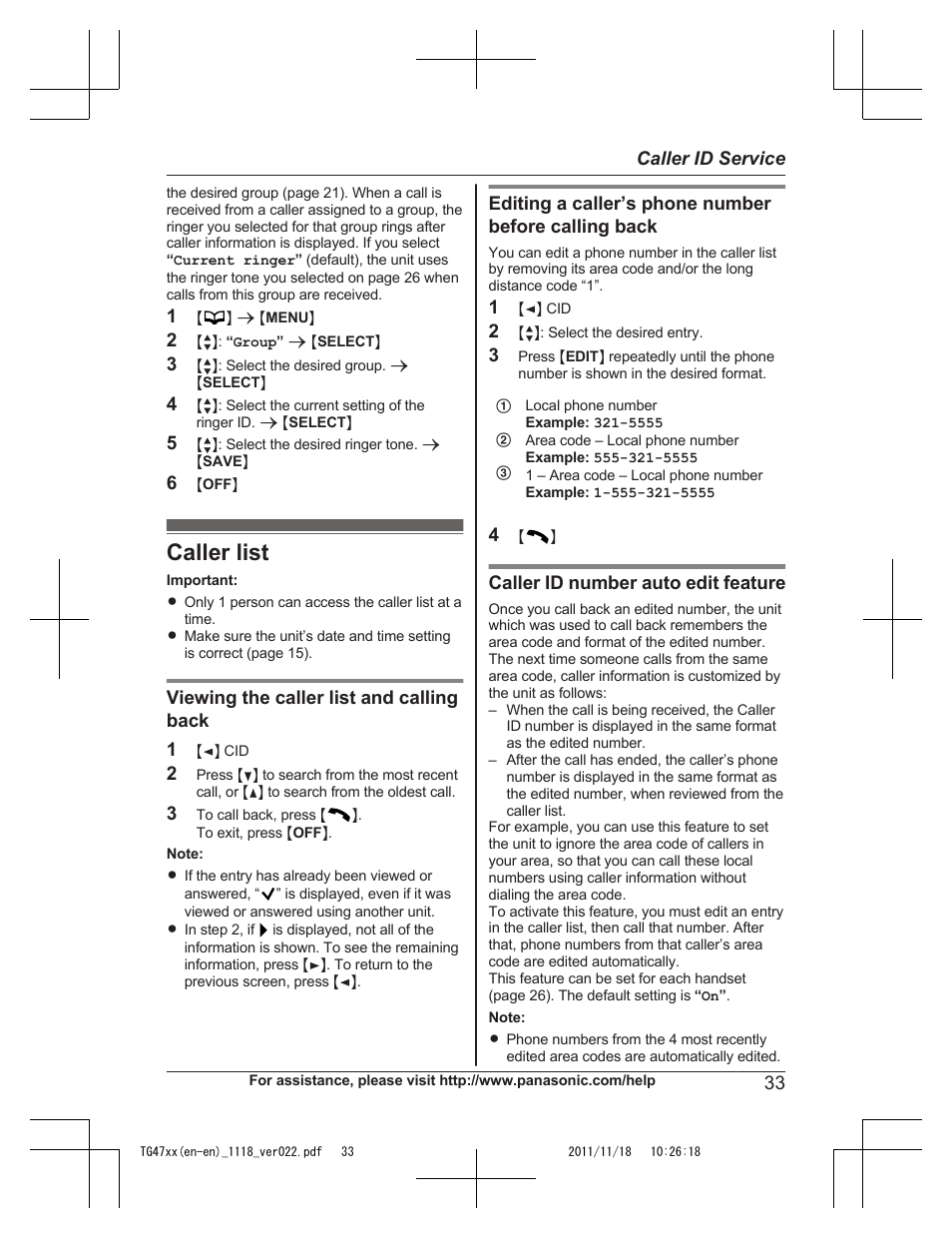 Caller list | Panasonic KXTG4753 User Manual | Page 33 / 64