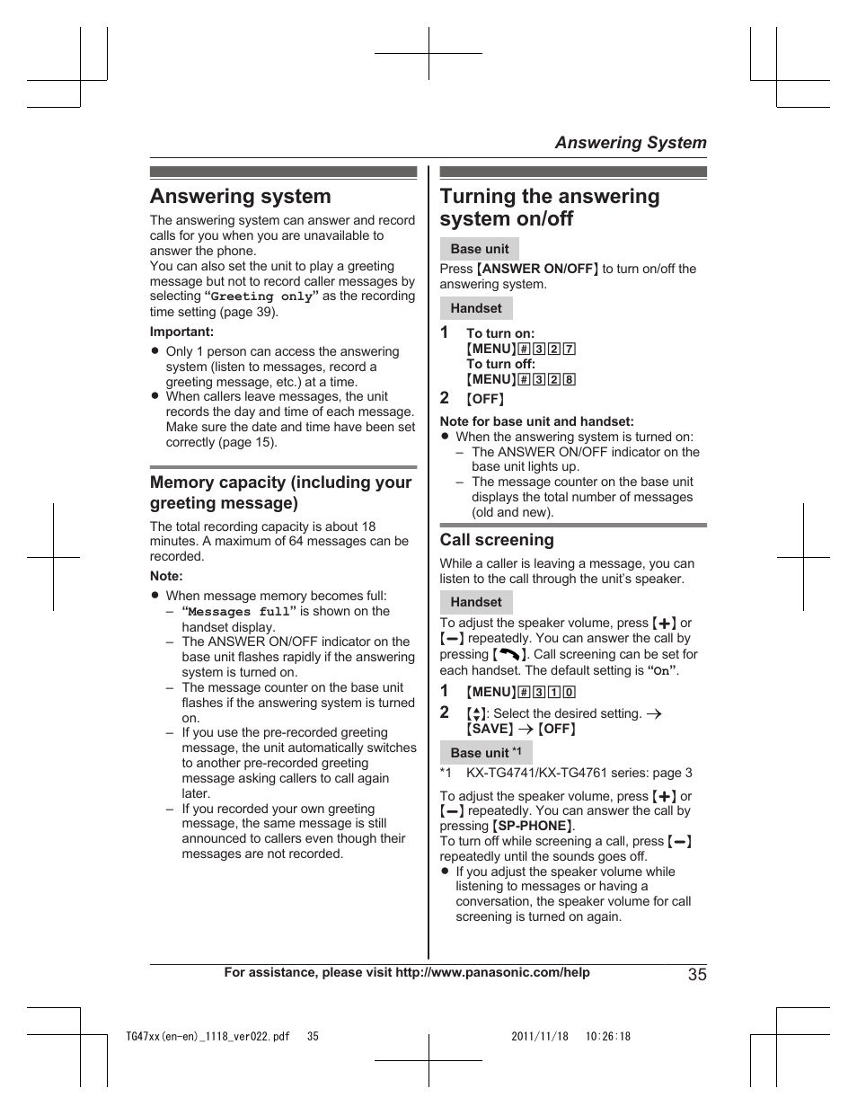 Answering system, Turning the answering system on/off | Panasonic KXTG4753 User Manual | Page 35 / 64