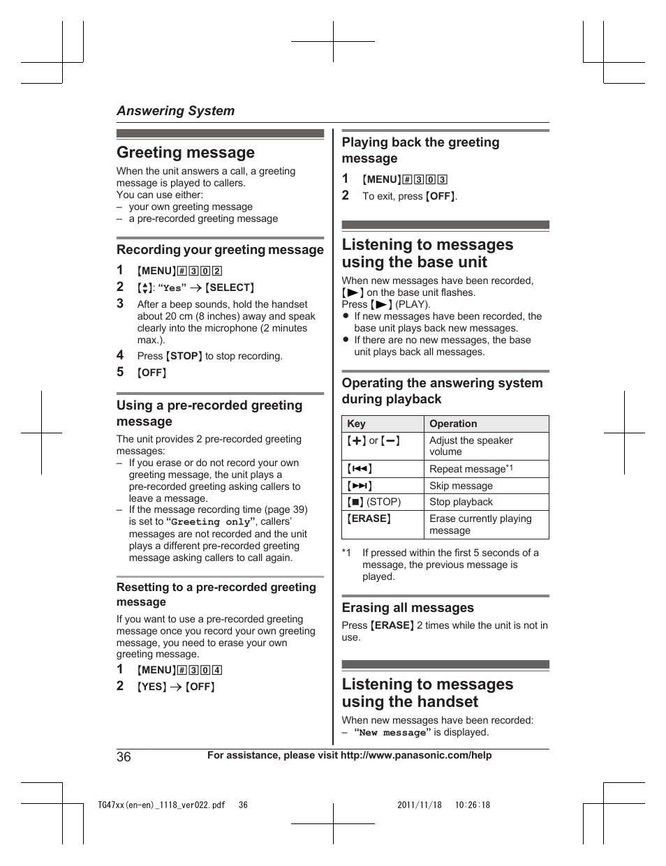 Greeting message, Listening to messages using the base unit, Listening to messages using the handset | Panasonic KXTG4753 User Manual | Page 36 / 64