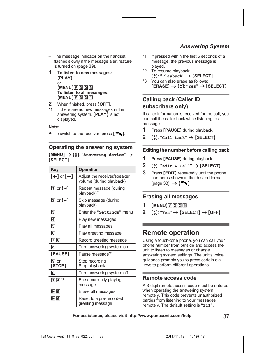 Remote operation | Panasonic KXTG4753 User Manual | Page 37 / 64