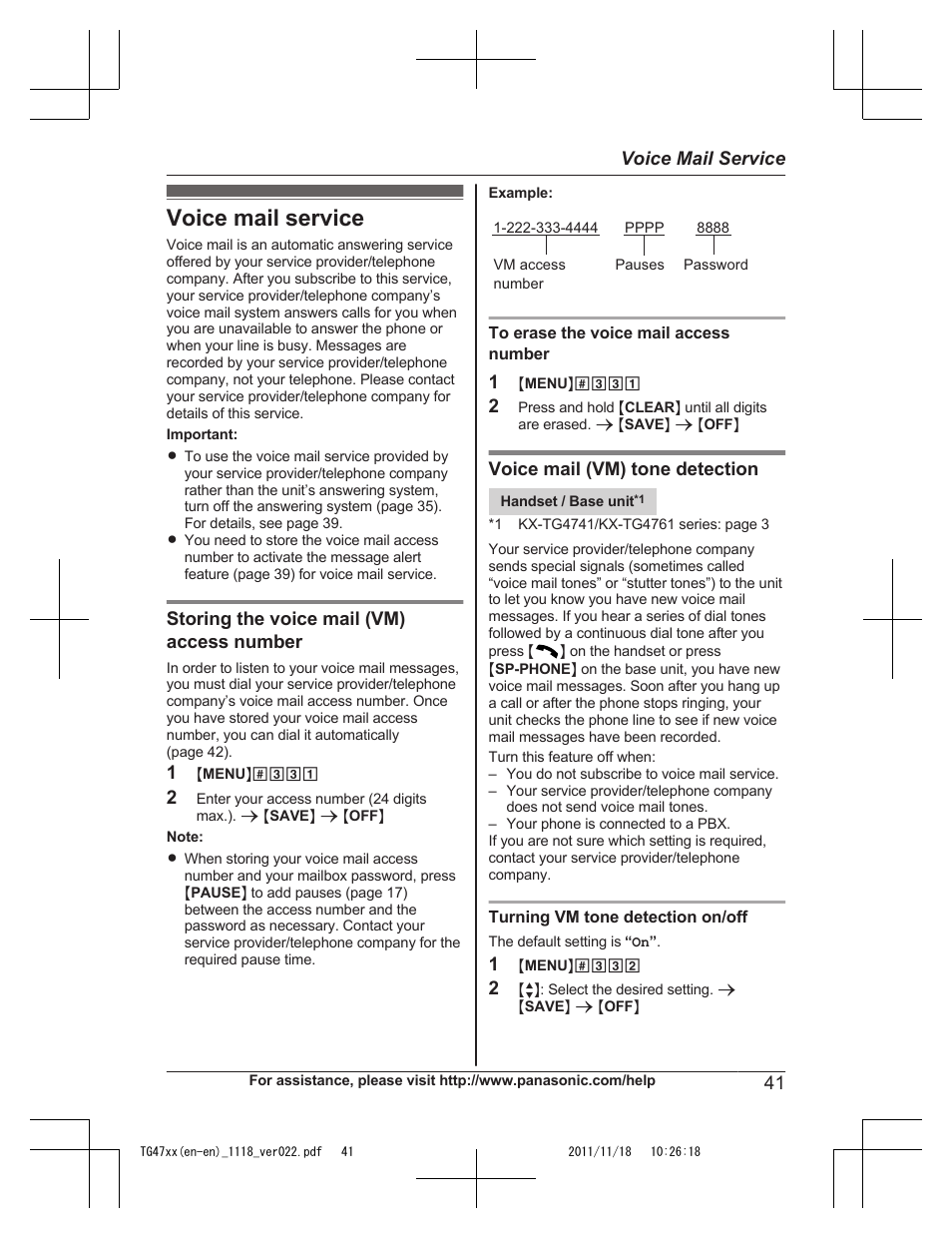 Voice mail service | Panasonic KXTG4753 User Manual | Page 41 / 64