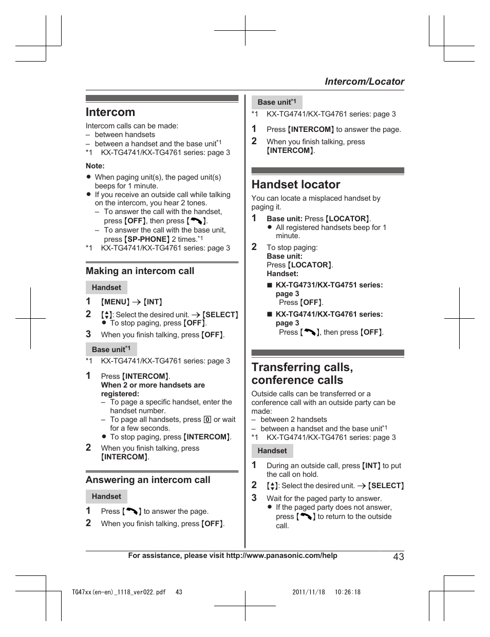 Intercom/locator, Intercom, Handset locator | Transferring calls, conference calls | Panasonic KXTG4753 User Manual | Page 43 / 64