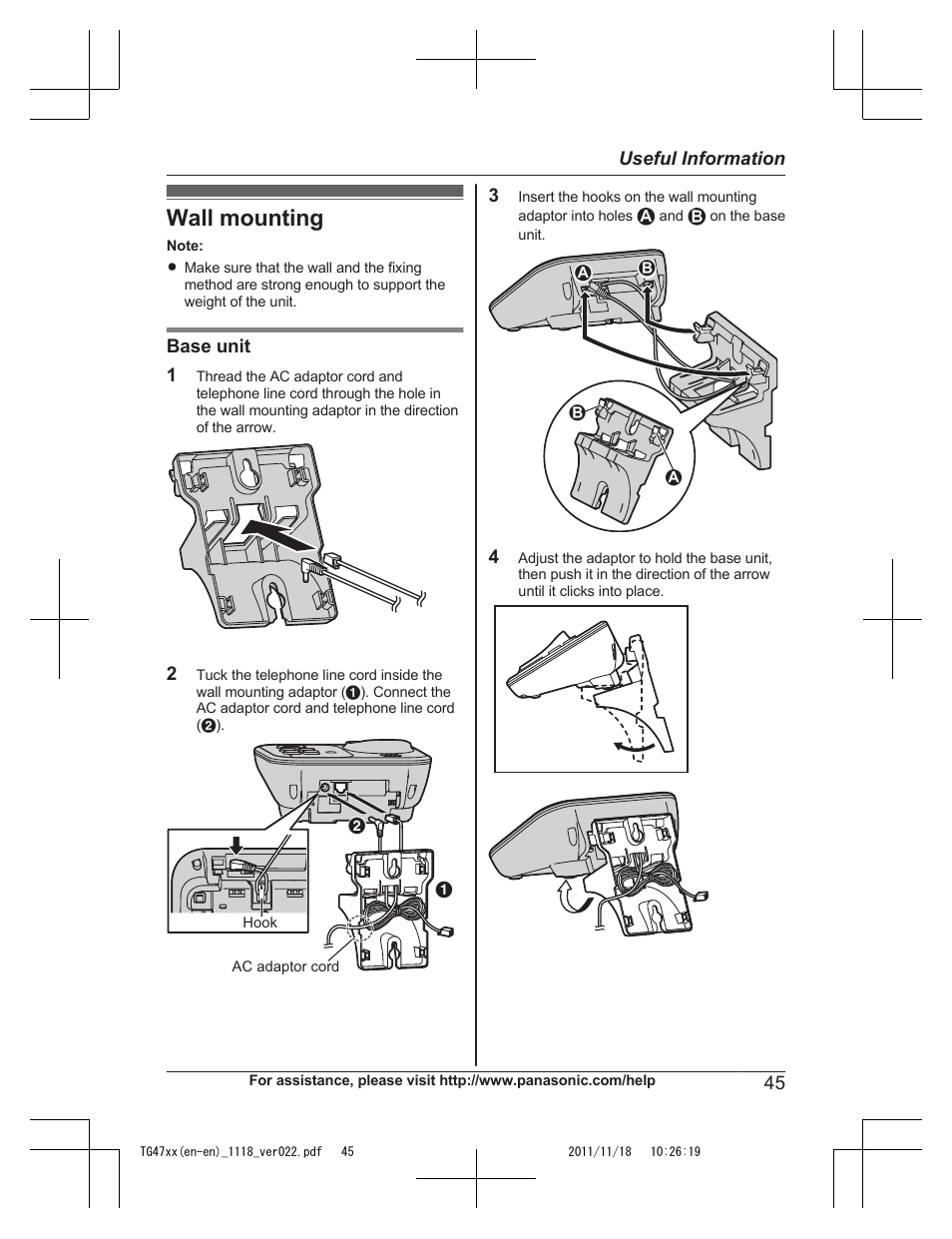 Useful information, Wall mounting | Panasonic KXTG4753 User Manual | Page 45 / 64