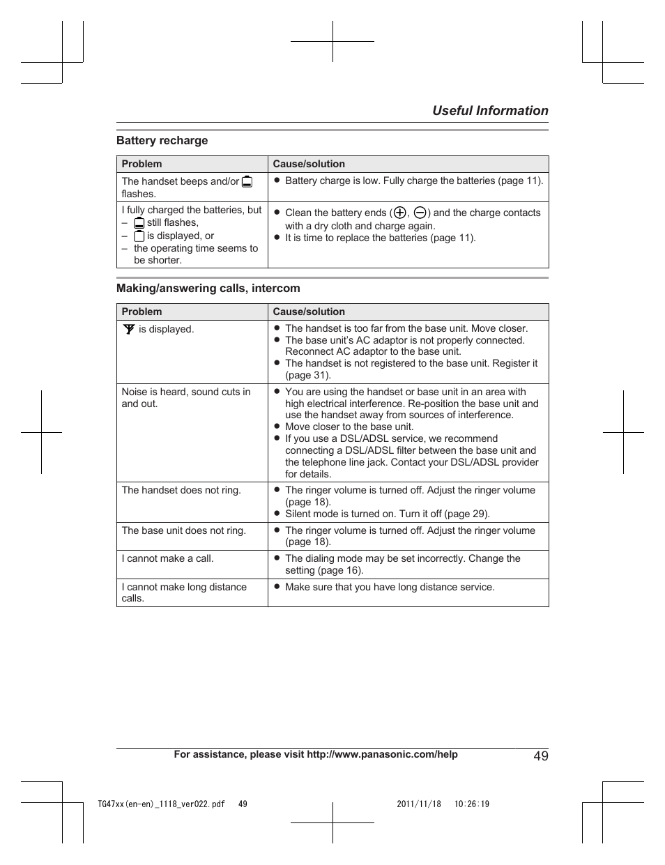 49 useful information | Panasonic KXTG4753 User Manual | Page 49 / 64