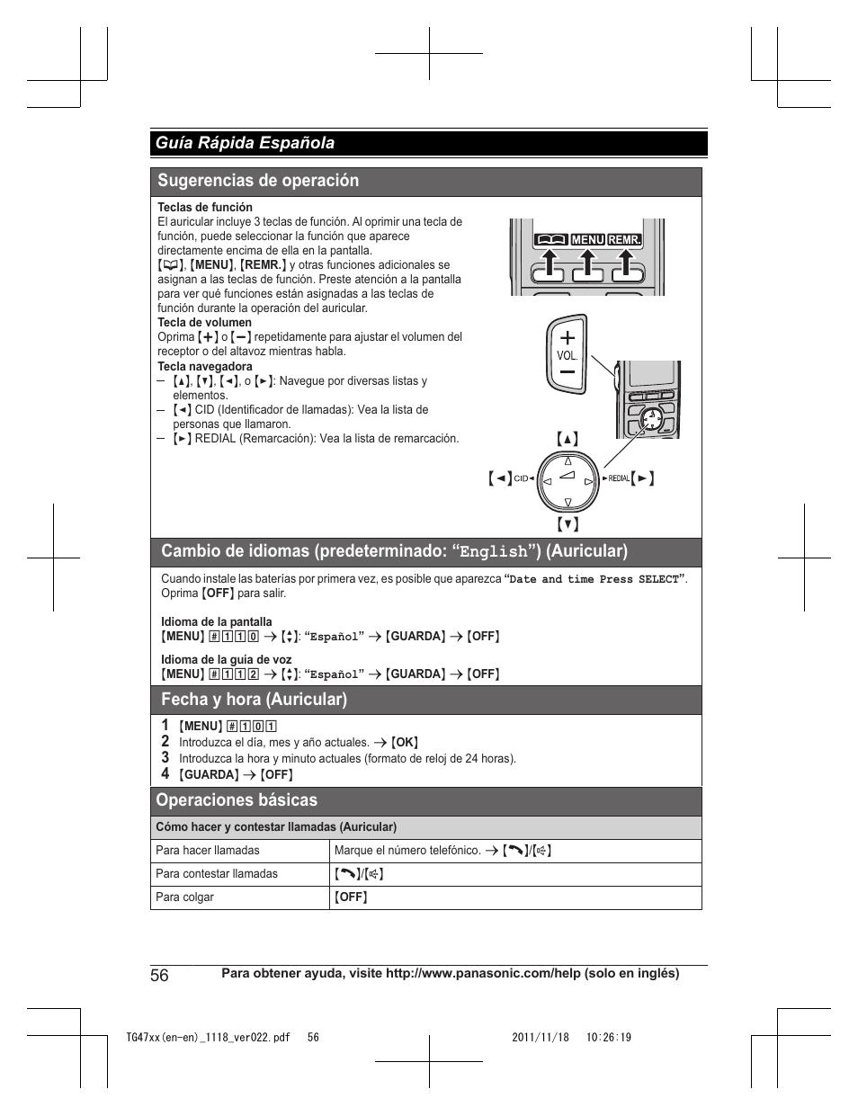 Sugerencias de operación, Fecha y hora (auricular), Operaciones básicas | Guía rápida española | Panasonic KXTG4753 User Manual | Page 56 / 64