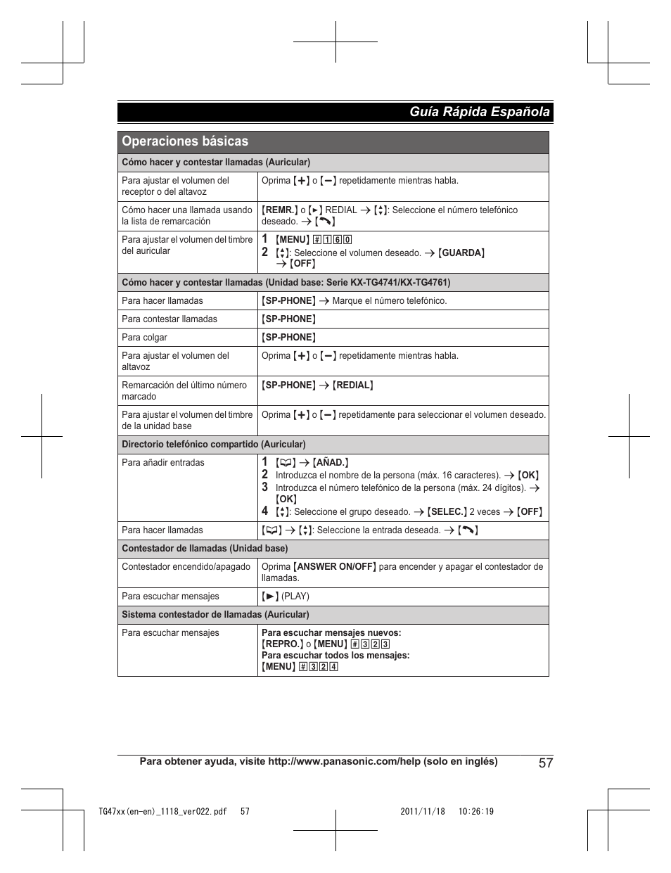 Operaciones básicas, 57 guía rápida española | Panasonic KXTG4753 User Manual | Page 57 / 64