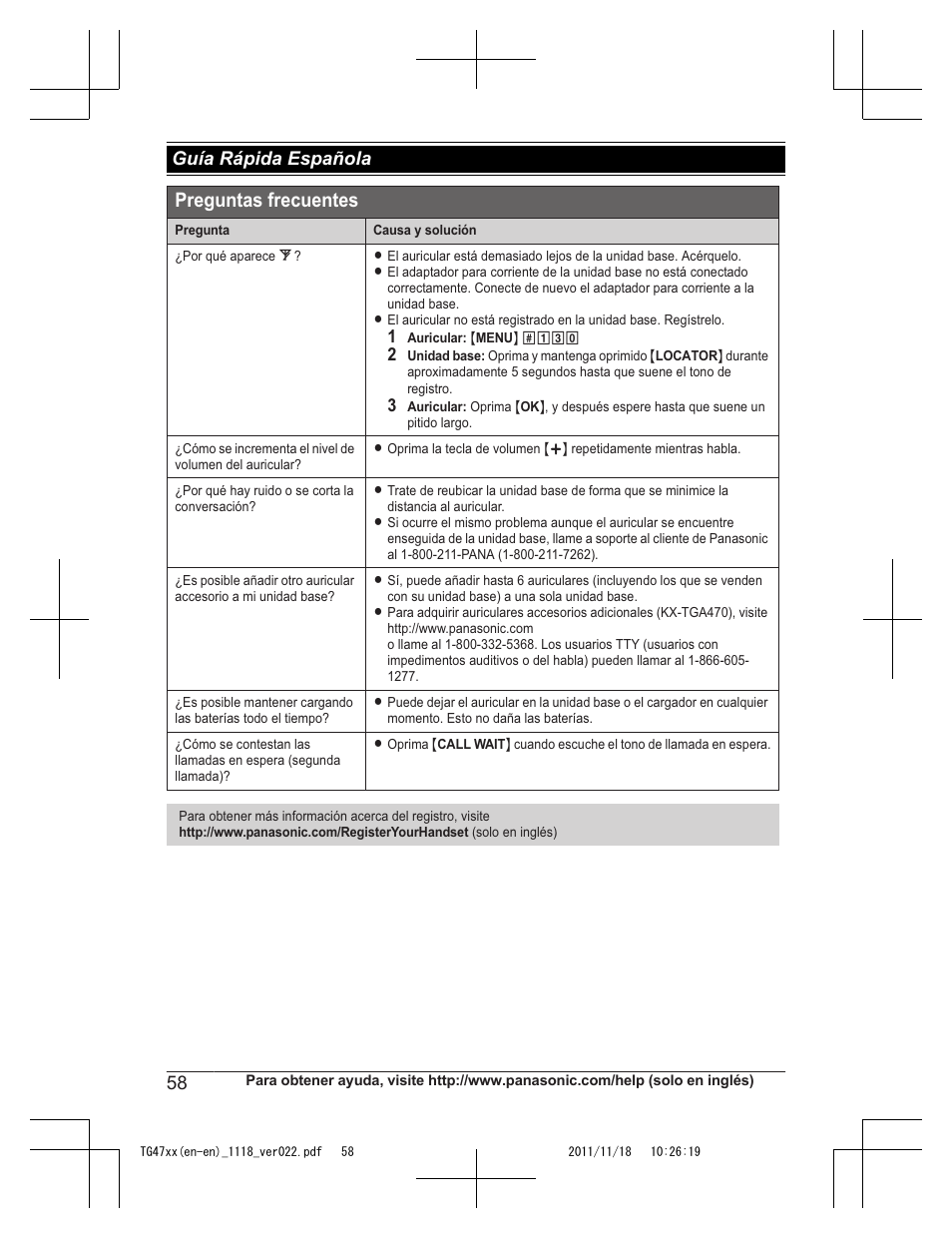 Preguntas frecuentes, Guía rápida española | Panasonic KXTG4753 User Manual | Page 58 / 64