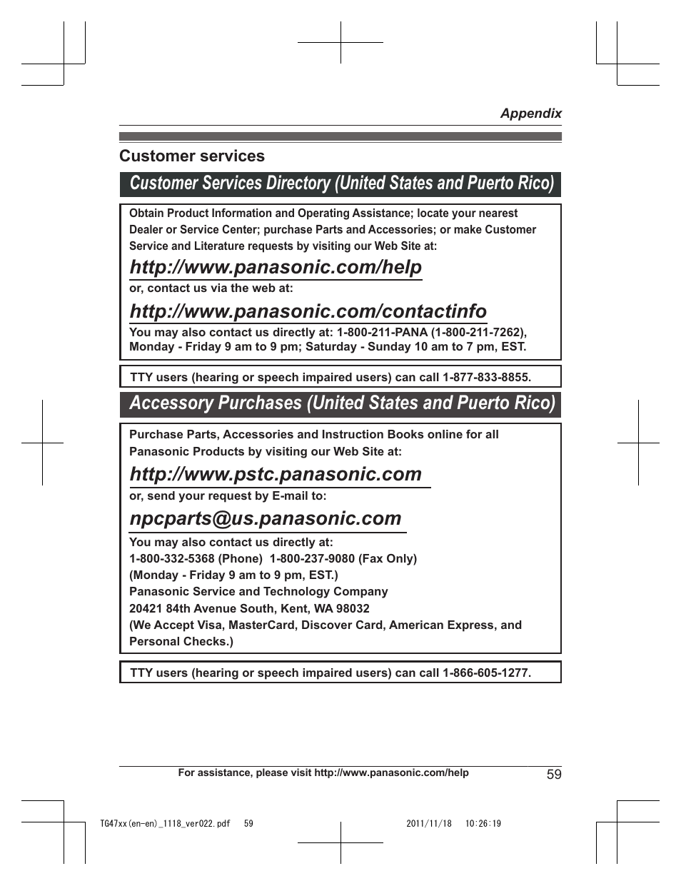 Appendix, Customer services | Panasonic KXTG4753 User Manual | Page 59 / 64