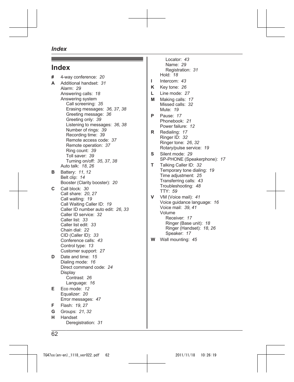 Index, 62 index | Panasonic KXTG4753 User Manual | Page 62 / 64