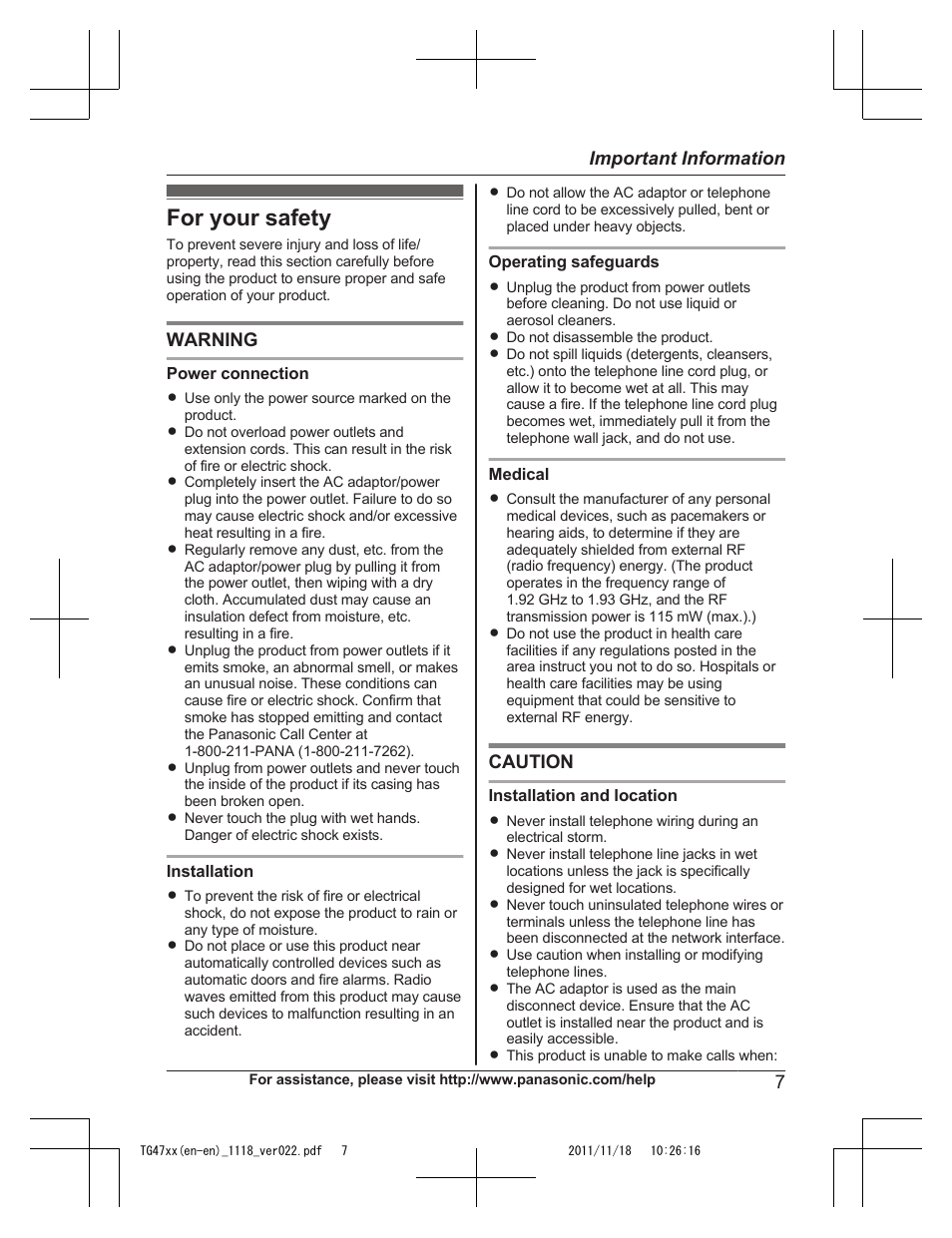 Important information, For your safety | Panasonic KXTG4753 User Manual | Page 7 / 64