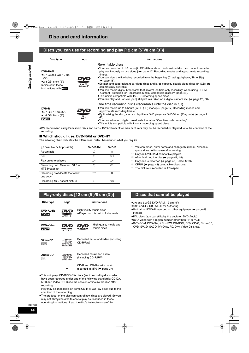 Disc and card information, Discs that cannot be played | Panasonic DMRE65 User Manual | Page 14 / 60