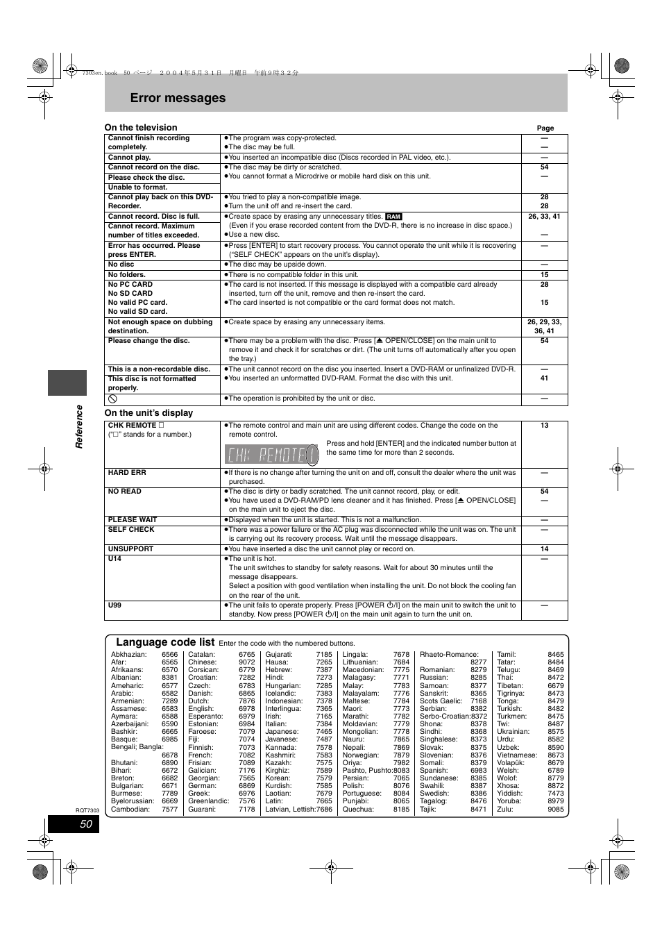 Error messages, Language code list | Panasonic DMRE65 User Manual | Page 50 / 60