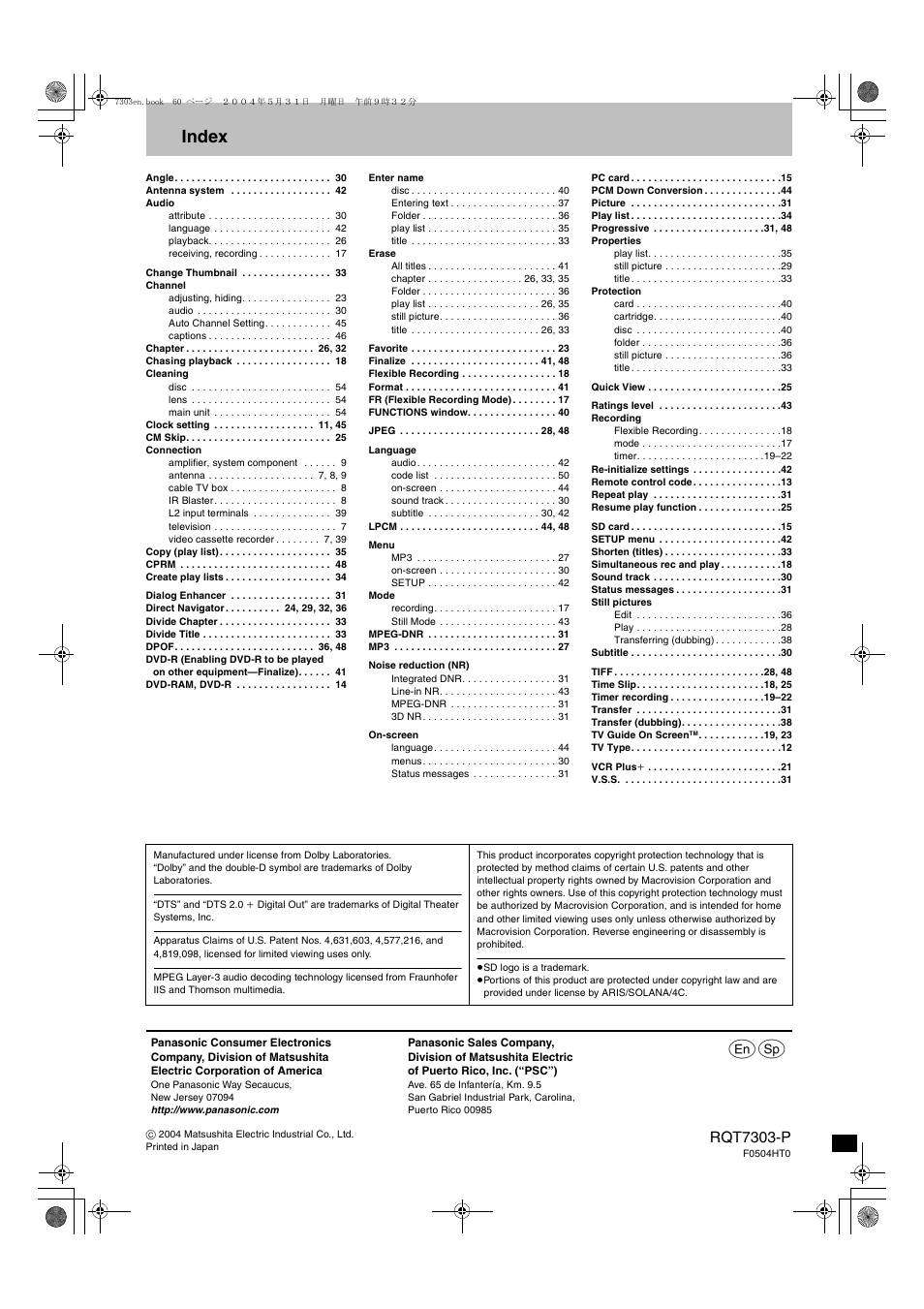 Index, Rqt7303-p | Panasonic DMRE65 User Manual | Page 60 / 60