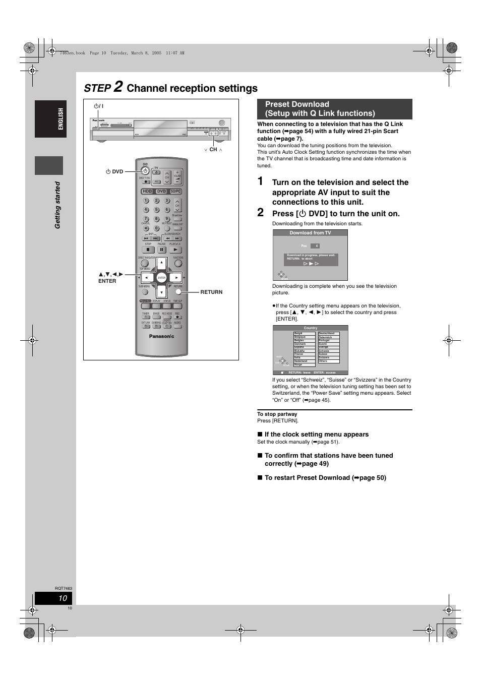 Step, Channel reception settings, Press [ í dvd] to turn the unit on | Preset download (setup with q link functions), Open/close, Ge tt in g st ar te d, If the clock setting menu appears | Panasonic DMRE95H User Manual | Page 10 / 124