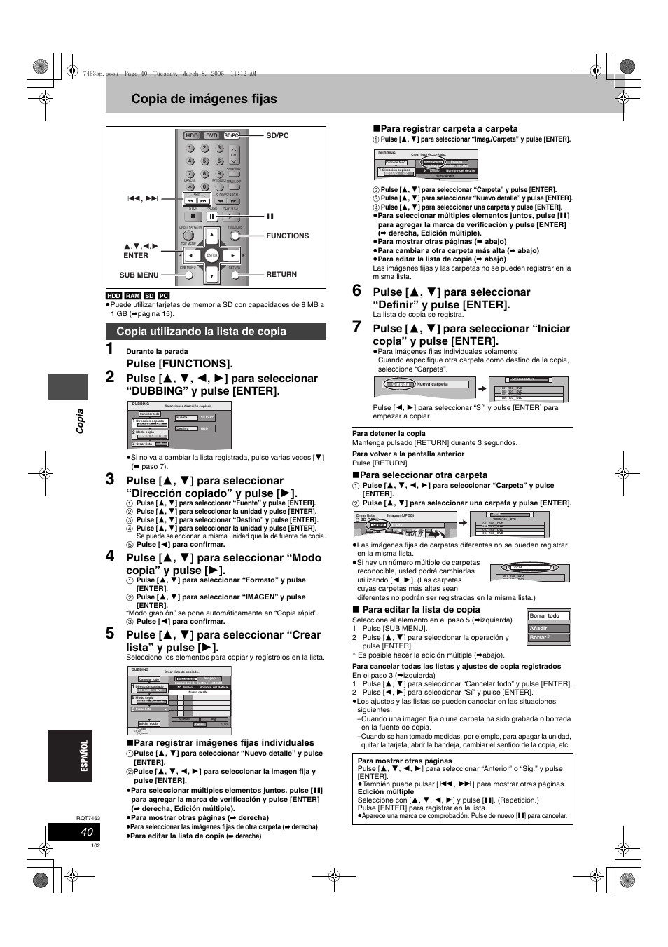 Copia de imágenes fijas, Pulse [functions, Copia utilizando la lista de copia | Co p ia, Para registrar imágenes fijas individuales, Para registrar carpeta a carpeta, Para seleccionar otra carpeta, Para editar la lista de copia | Panasonic DMRE95H User Manual | Page 102 / 124