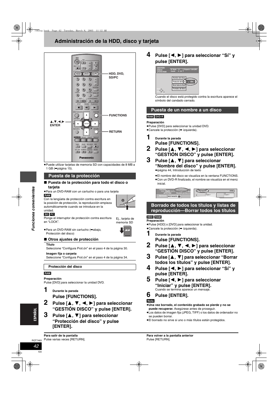 Administración de la hdd, disco y tarjeta, Pulse [functions, Pulse [enter | Puesta de la protección | Panasonic DMRE95H User Manual | Page 104 / 124