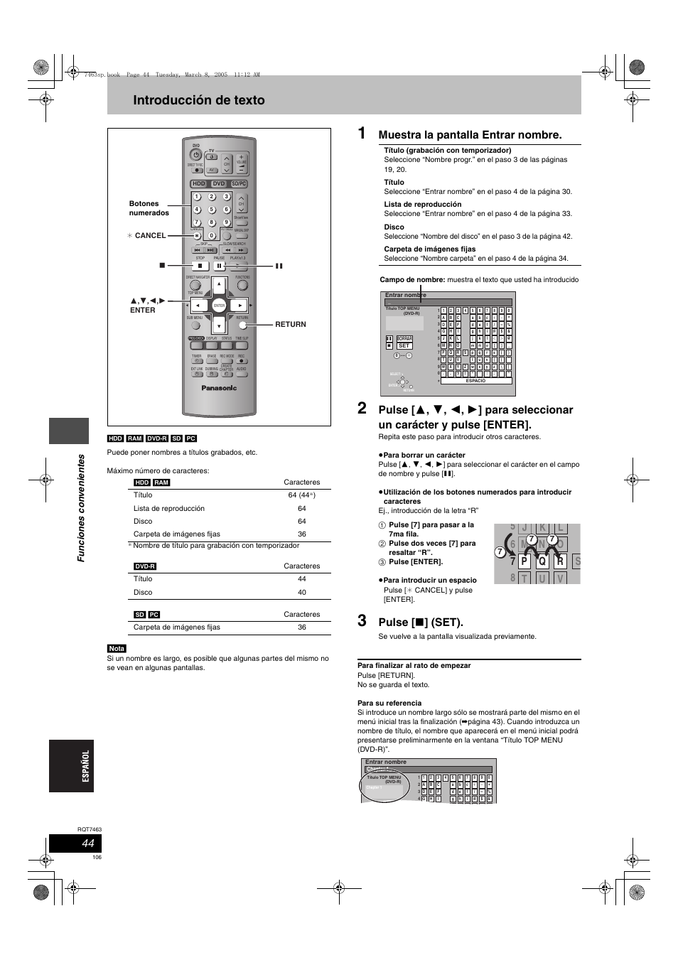 Introducción de texto, Muestra la pantalla entrar nombre, Pulse [ ∫ ] (set) | Panasonic DMRE95H User Manual | Page 106 / 124