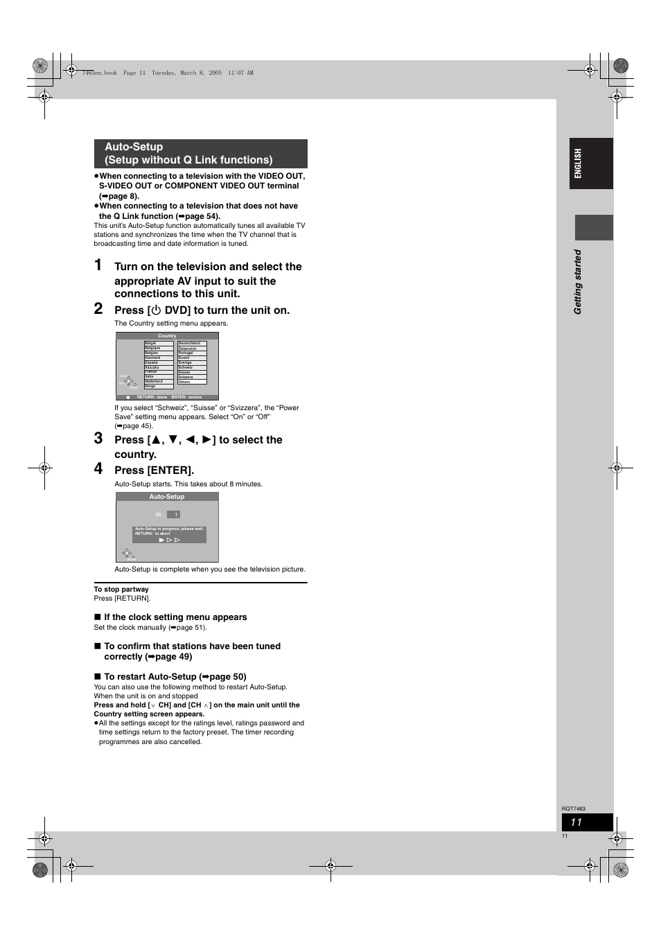 Press [ í dvd] to turn the unit on, Press [ 3 , 4 , 2 , 1 ] to select the country, Press [enter | Auto-setup (setup without q link functions) | Panasonic DMRE95H User Manual | Page 11 / 124