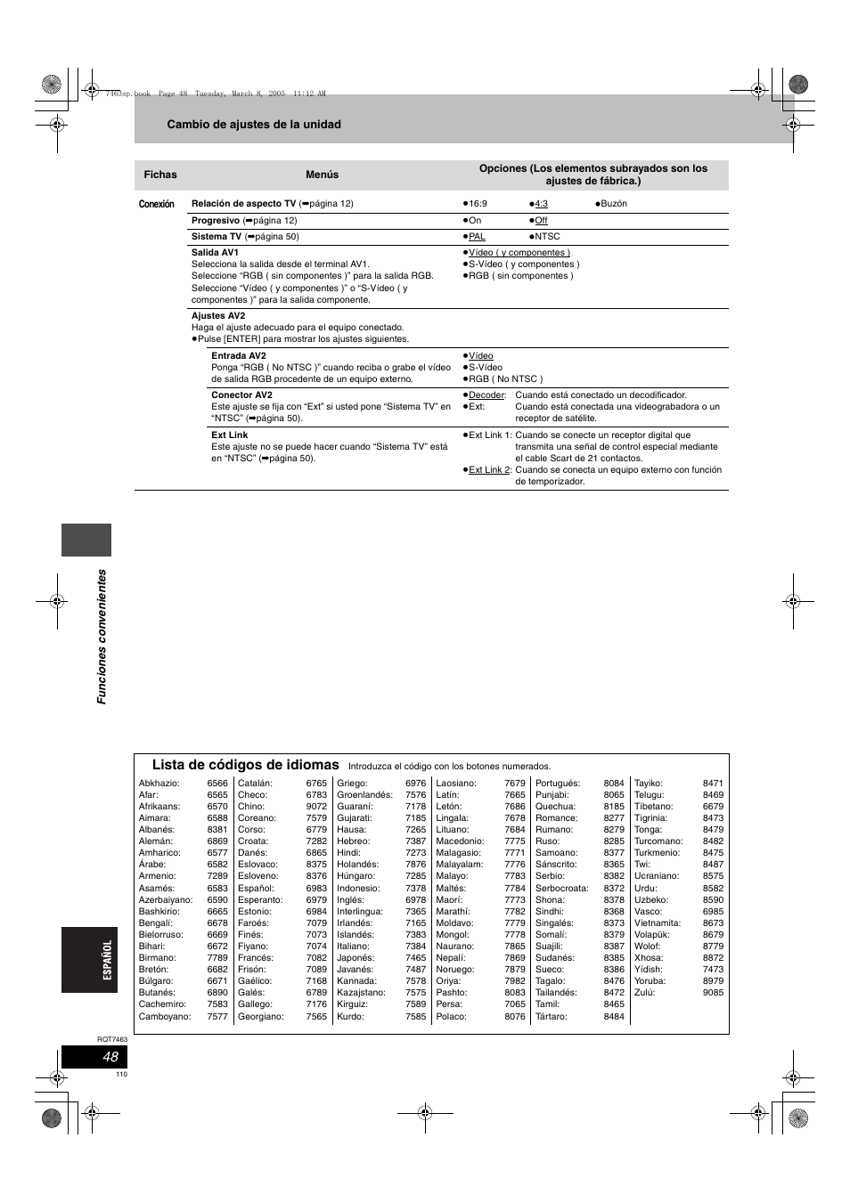 Lista de códigos de idiomas | Panasonic DMRE95H User Manual | Page 110 / 124