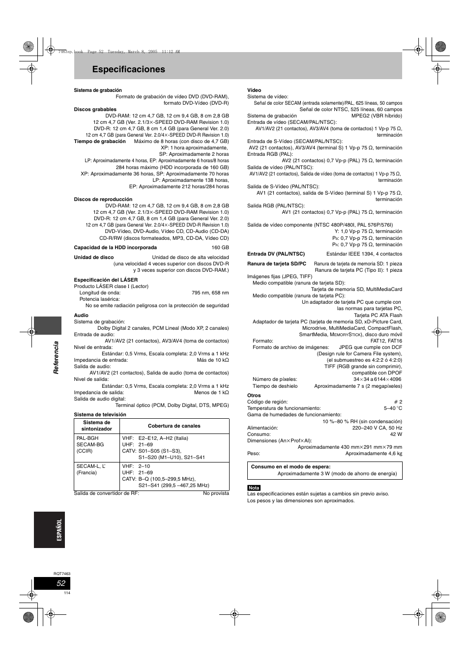 Especificaciones | Panasonic DMRE95H User Manual | Page 114 / 124