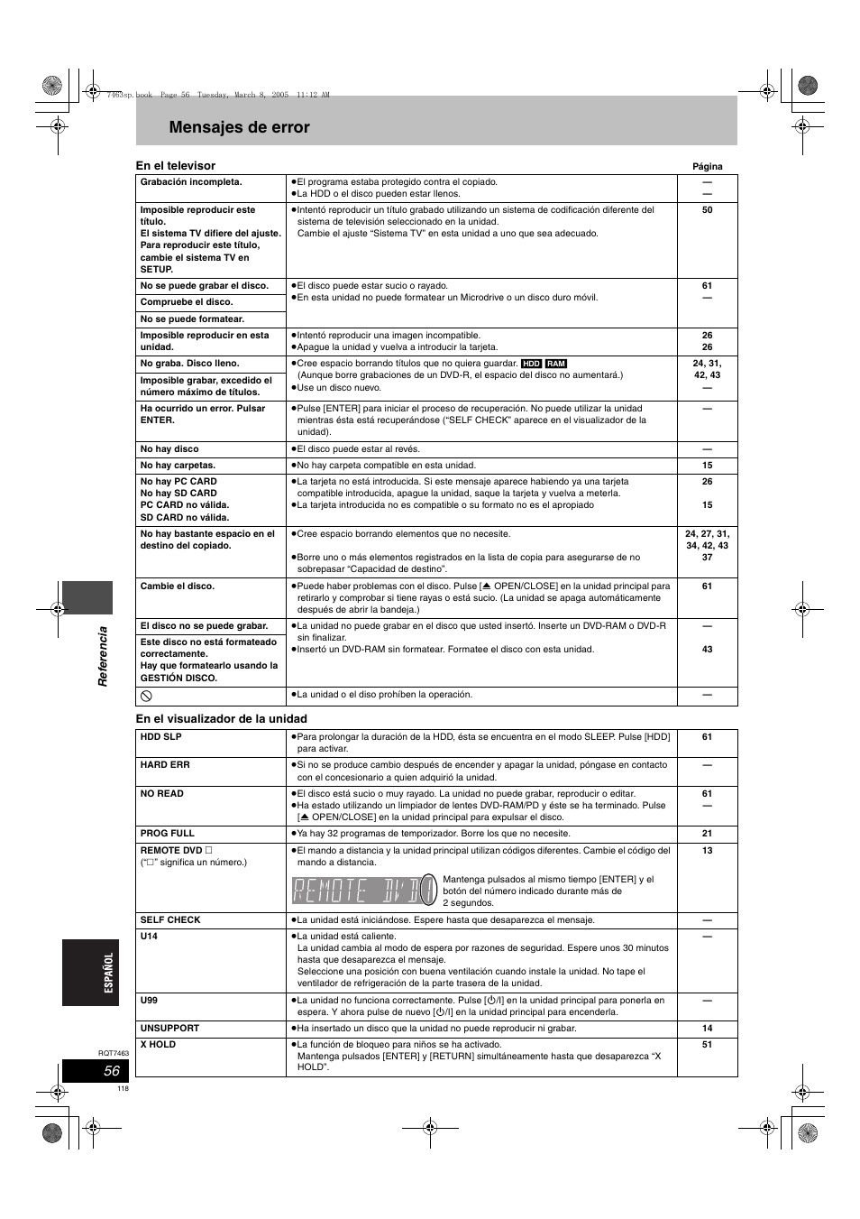 Mensajes de error | Panasonic DMRE95H User Manual | Page 118 / 124