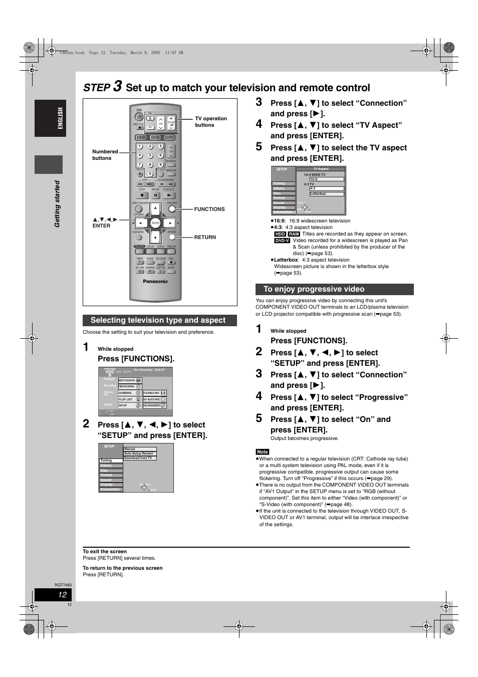 Step, Set up to match your television and remote control, Press [functions | Press [ 3 , 4 ] to select “on” and press [enter, Selecting television type and aspect | Panasonic DMRE95H User Manual | Page 12 / 124