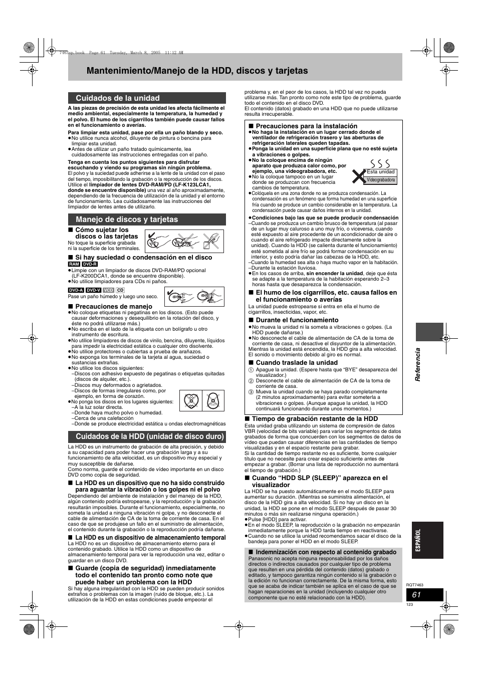 Mantenimiento/manejo de la hdd, discos y tarjetas | Panasonic DMRE95H User Manual | Page 123 / 124