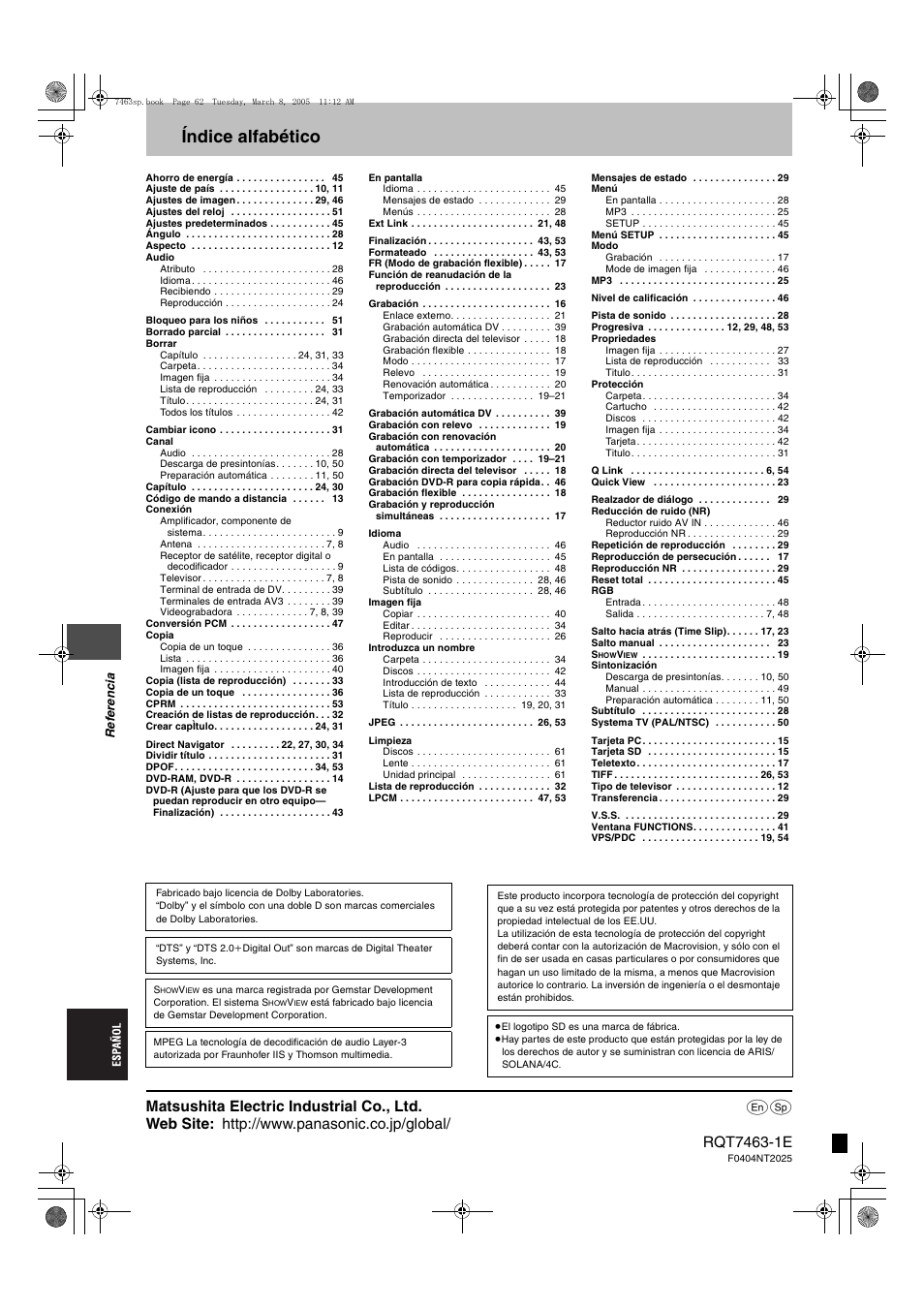 Índice alfabético | Panasonic DMRE95H User Manual | Page 124 / 124