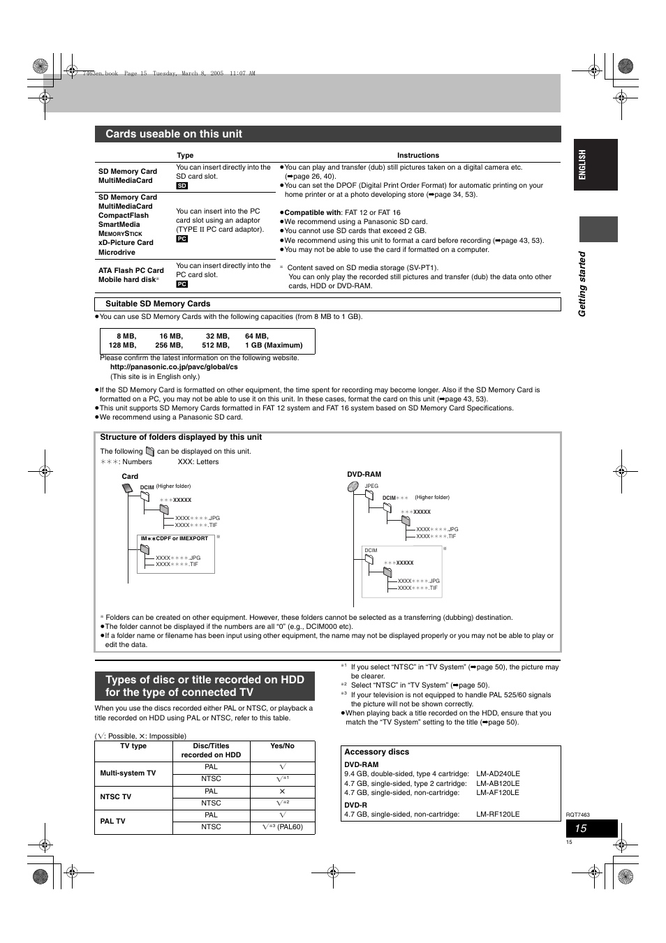 Cards useable on this unit, Ge tt in g st ar te d | Panasonic DMRE95H User Manual | Page 15 / 124