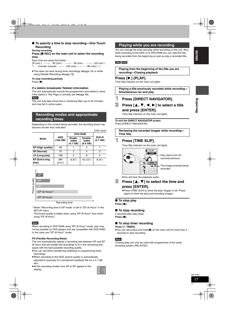 Press [ 1 ] (play), Press [direct navigator, Press [time slip | Recording modes and approximate recording times, Playing while you are recording | Panasonic DMRE95H User Manual | Page 17 / 124