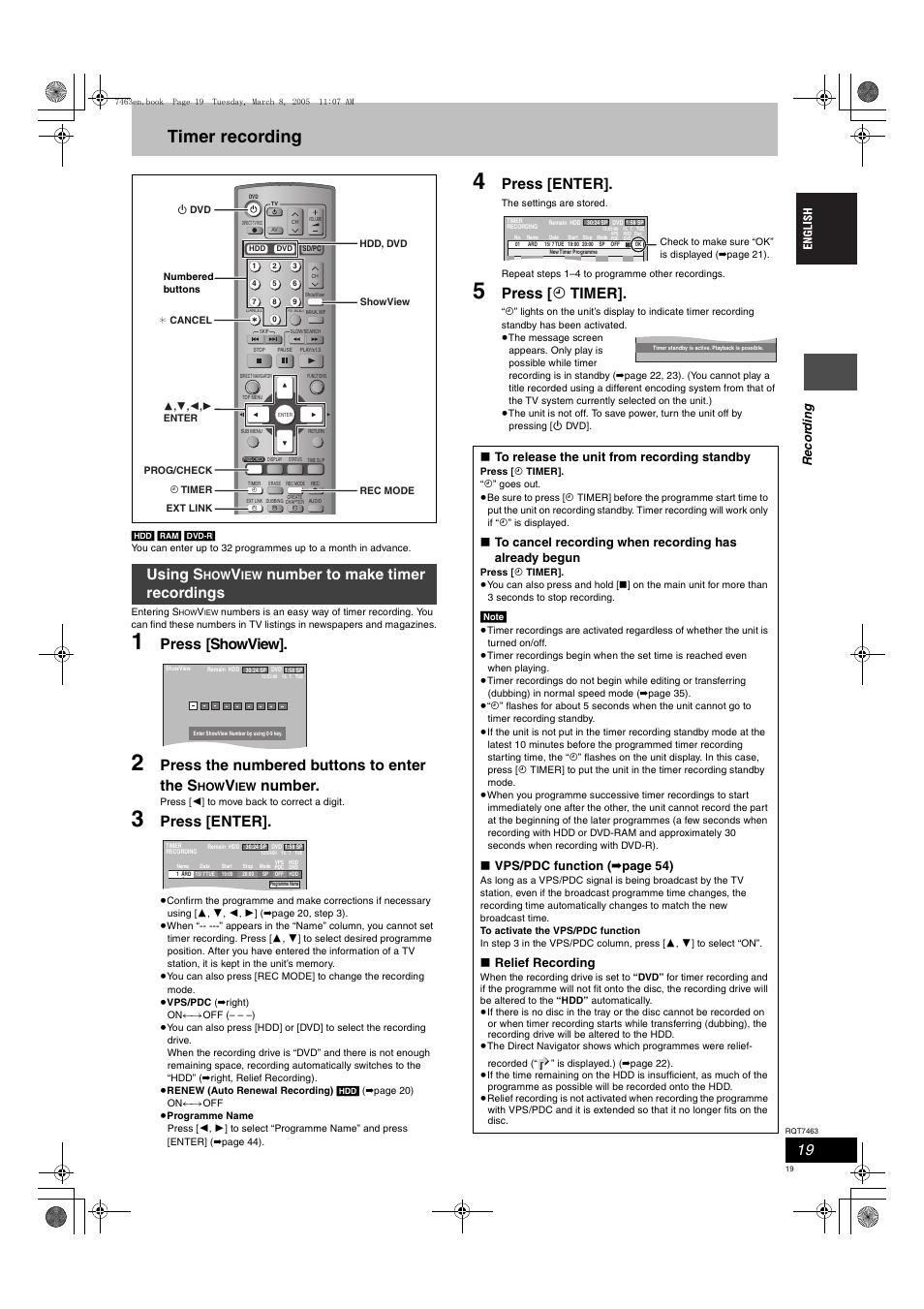 Timer recording, Press [showview, Press the numbered buttons to enter the s | Number, Press [enter, Press [ f timer, Using s, Number to make timer recordings, Reco rd in g, Vps/pdc function ( ➡ page 54) | Panasonic DMRE95H User Manual | Page 19 / 124