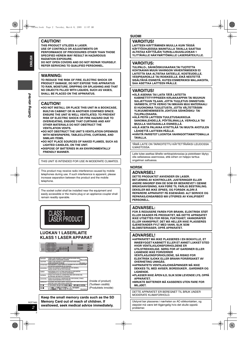 Caution, Warning, Varoitus | Advarsel | Panasonic DMRE95H User Manual | Page 2 / 124