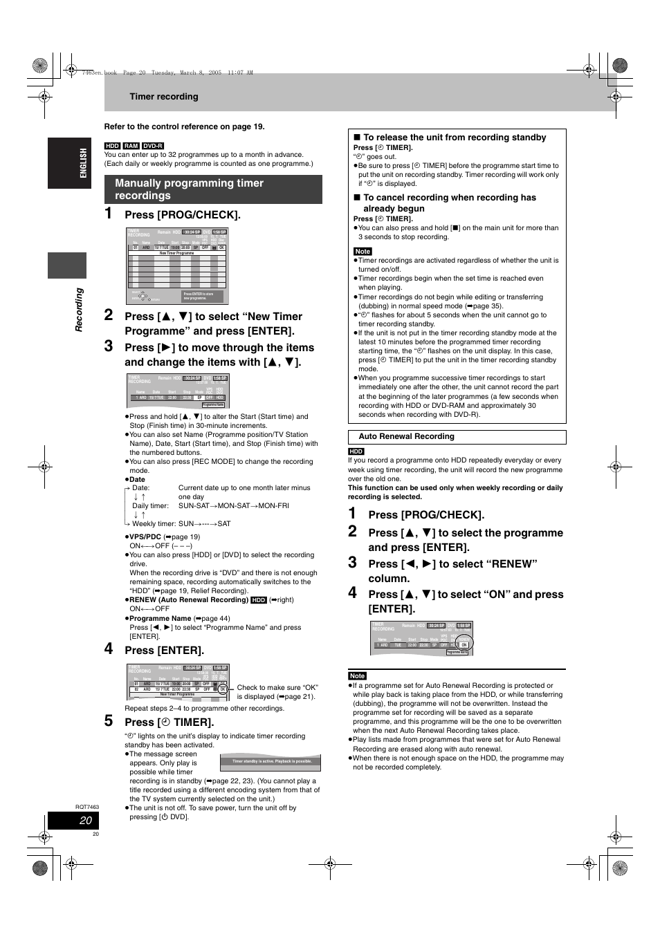 Press [prog/check, Press [enter, Press [ f timer | Press [ 2 , 1 ] to select “renew” column, Press [ 3 , 4 ] to select “on” and press [enter, Manually programming timer recordings, Reco rd in g timer recording | Panasonic DMRE95H User Manual | Page 20 / 124