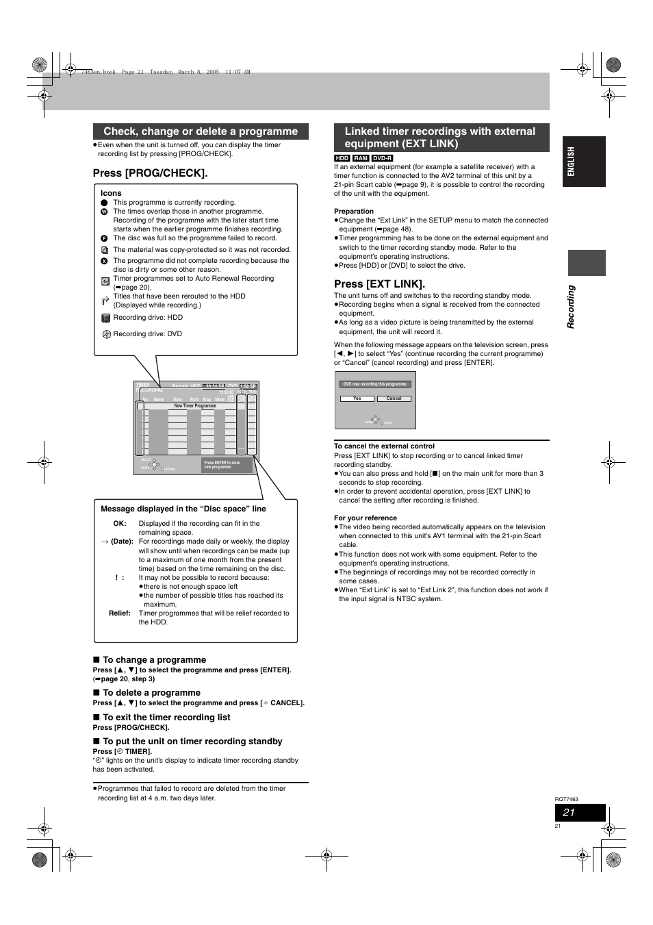 Press [prog/check, Press [ext link, Check, change or delete a programme | Panasonic DMRE95H User Manual | Page 21 / 124