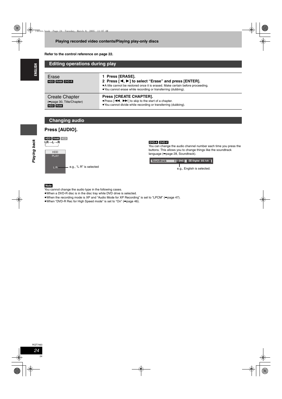 Press [audio, Editing operations during play erase, Create chapter | Changing audio | Panasonic DMRE95H User Manual | Page 24 / 124