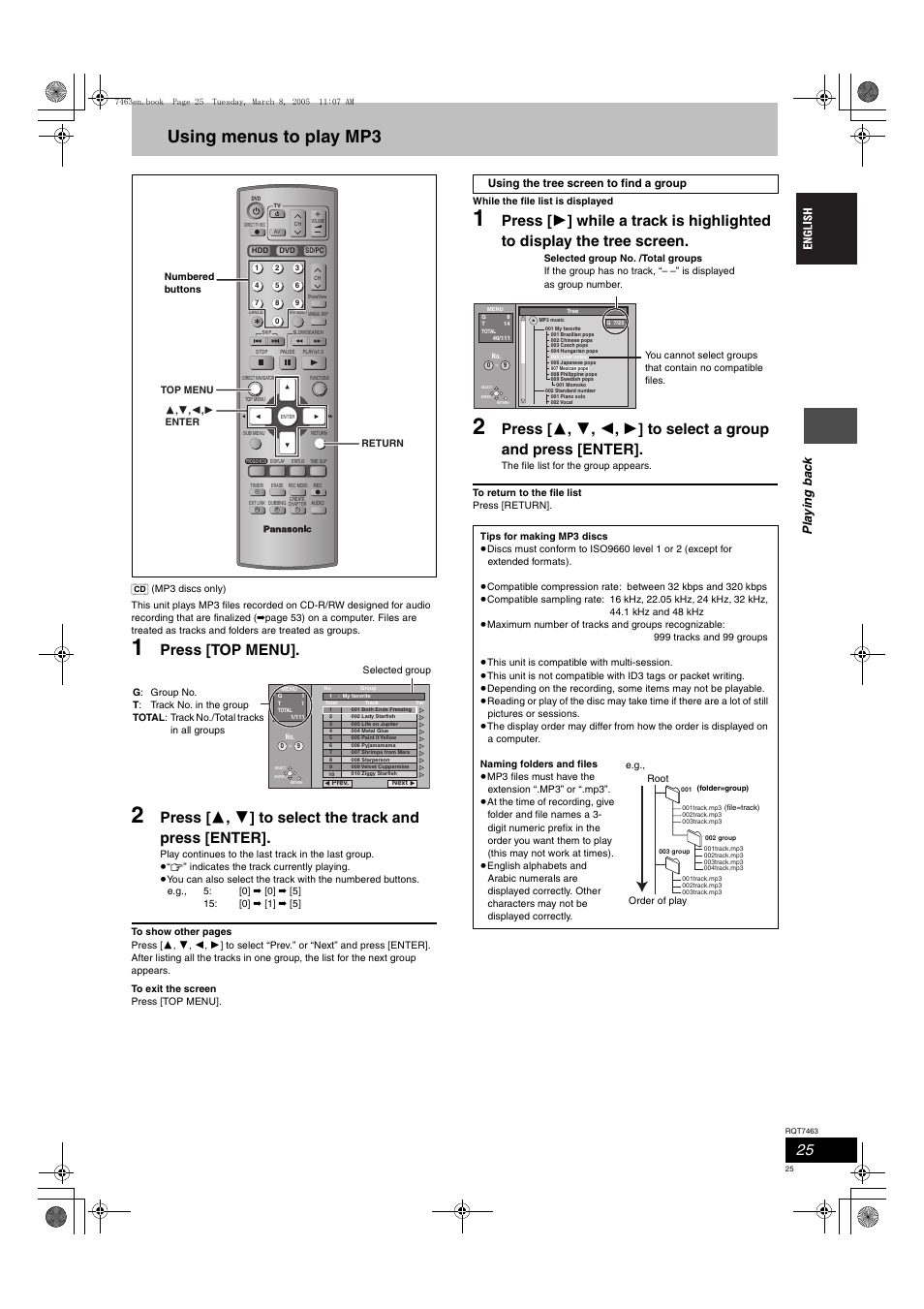 Using menus to play mp3, Press [top menu, Pla y ing ba c k | Panasonic DMRE95H User Manual | Page 25 / 124